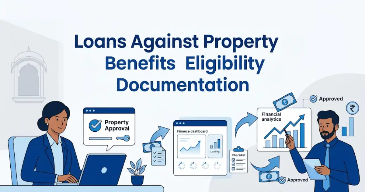 Professional finance blog image featuring Indian business professionals related to loans against property - benefits, eligibility, documentation how to get loans against property in india? learn about the benefits, eligibility, requi, with finan