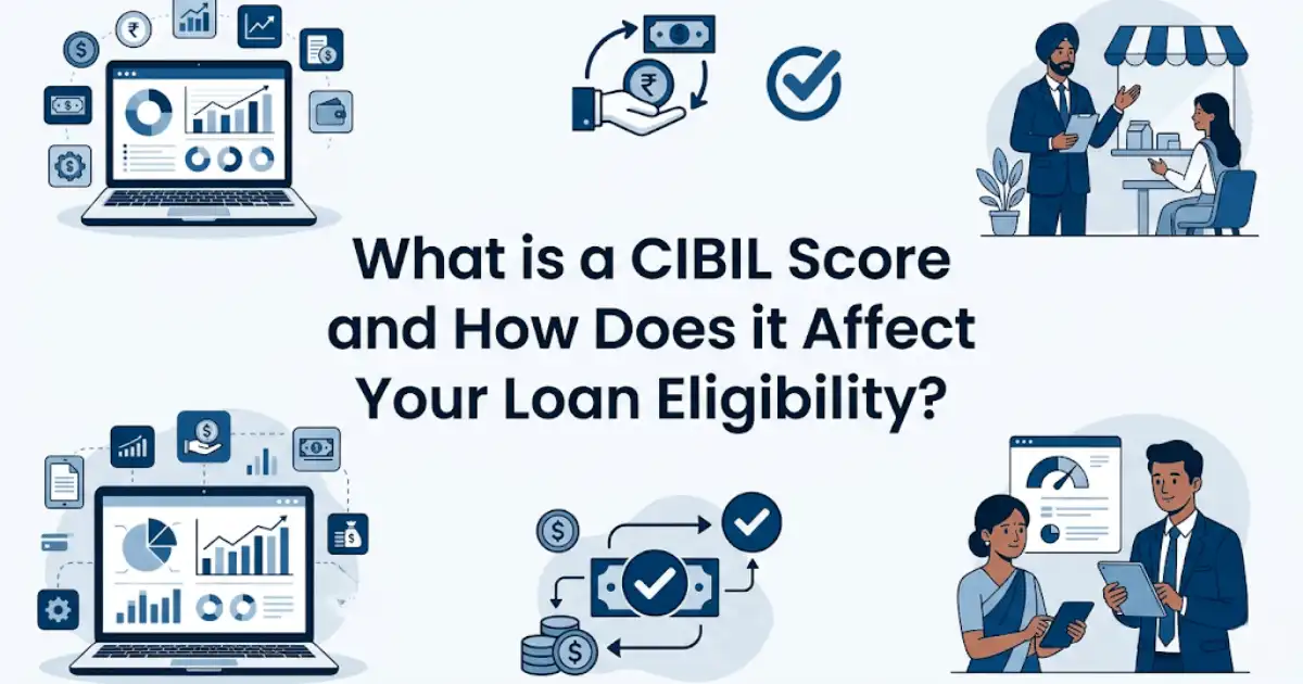 Professional finance blog image featuring Indian business professionals related to what is a cibil score and how does it affect your loan eligibility? learn about the importance of the cibil score in determining your loan eligibility, with finan