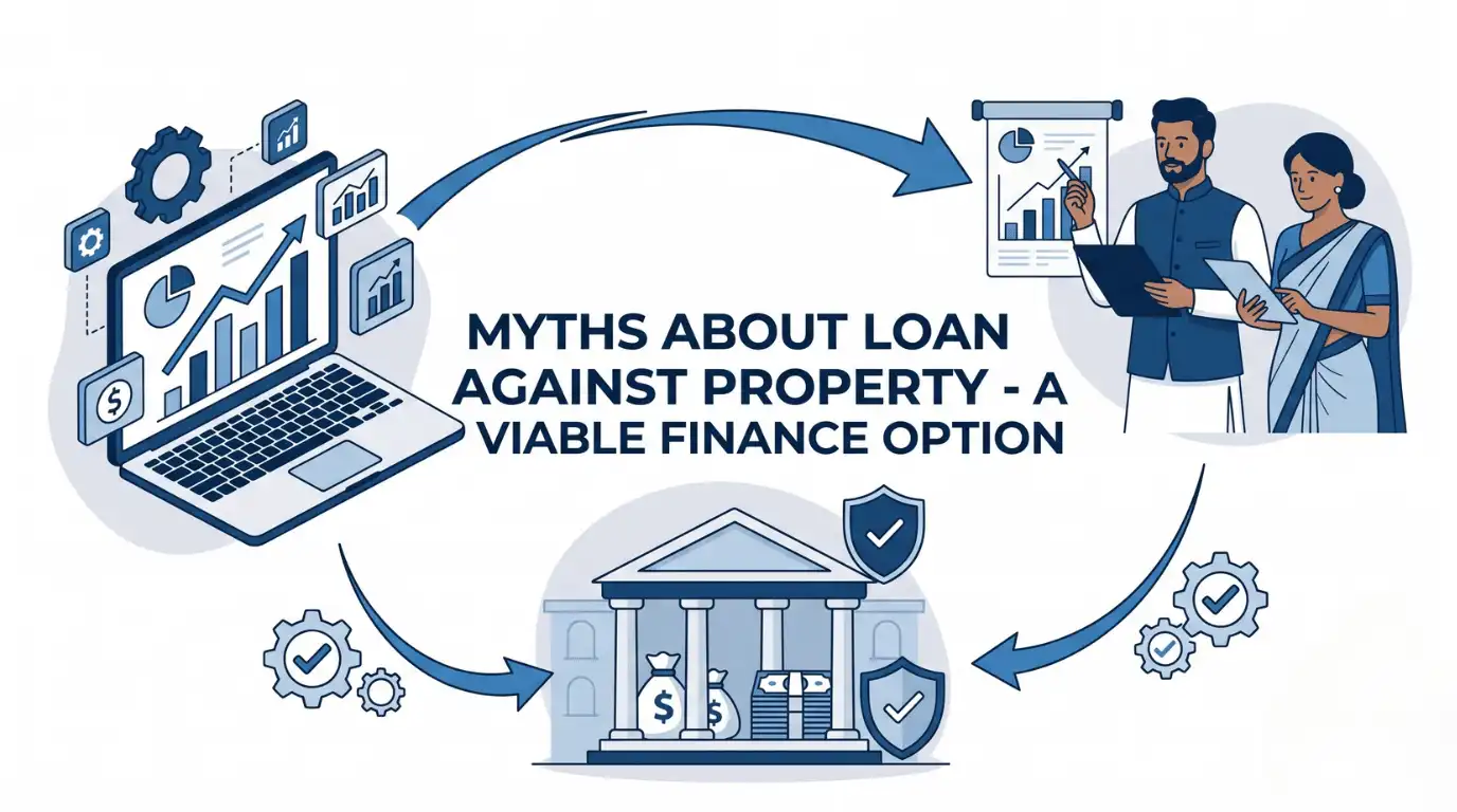 Professional finance blog image featuring Indian business professionals related to myths anout loan against property - a viable finance option discover the benefits of a loan against property, a secured loan with low-interest rates a, with finan