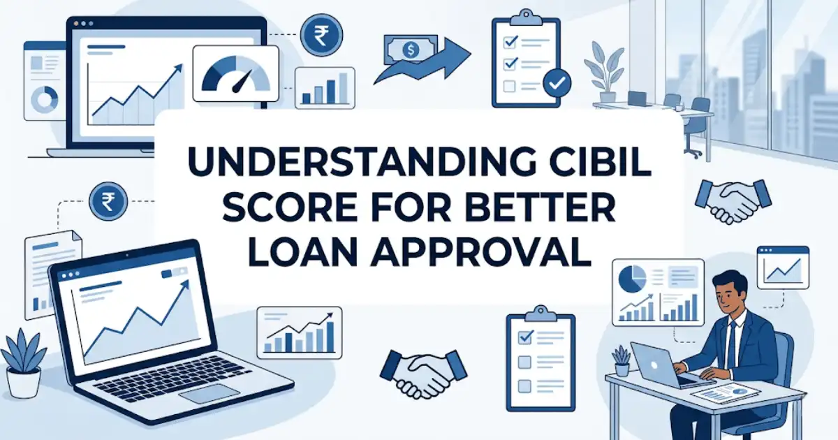 Professional finance blog image featuring Indian business professionals related to understanding cibil score for better loan approval learn about cibil score and its importance in determining your creditworthiness. find out your cibi, with finan