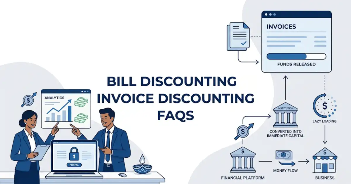 Professional finance blog image featuring Indian business professionals related to bill discounting | invoice discounting faqs - terkar capital bill discounting is a type of invoice financing where the borrower gets the loan against , with finan