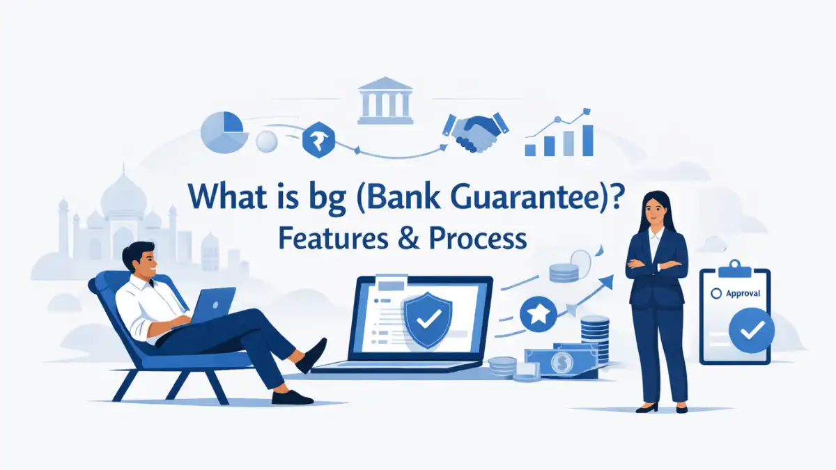 Professional finance blog image featuring Indian business professionals related to what is bg (bank guarantee)? features & process learn about bg (bank guarantee) in india, its key features, the application process, and how it differ, with finan