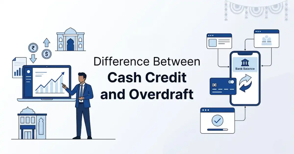 Professional finance blog image featuring Indian business professionals related to difference between cash credit and overdraft - blog cash credit and overdraft are two types of short-term loan facilities. learn the difference betwee, with finan