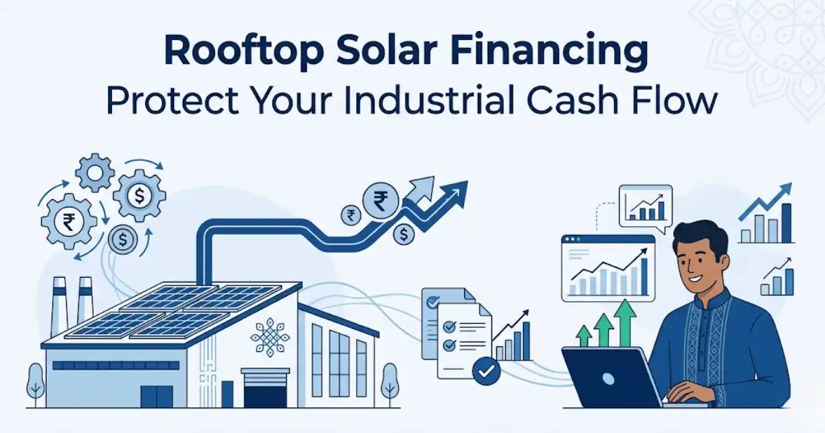 Professional finance blog image featuring Indian business professionals related to rooftop solar financing: protect your industrial cash flow learn how rooftop solar financing enables indian industries to slash power costs by 40% whi, with finan