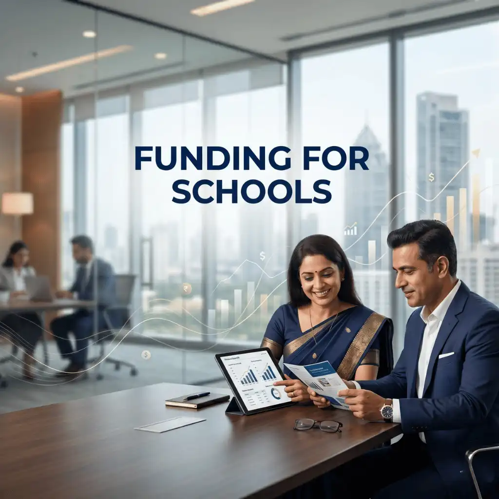 Indian professionals in business finance with subtle financial charts and graphs over a soft corporate office backdrop. Clean center space, realistic lighting and a premium corporate style convey business growth, trust and growth.