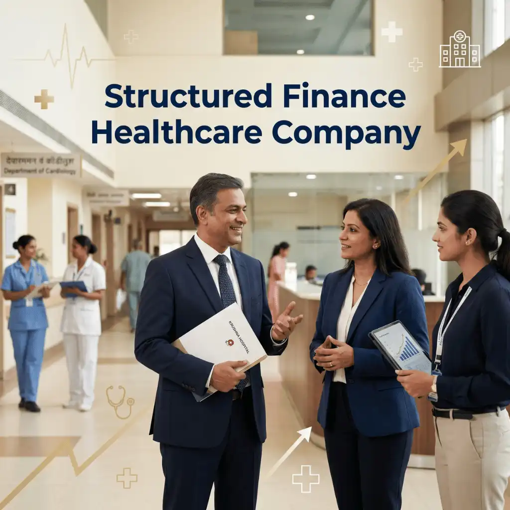 Indian professionals in healthcare services with subtle medical cross and heartbeat line over a soft hospital corridor. Clean center space, realistic lighting and a premium corporate style convey structured funding, trust and growth.