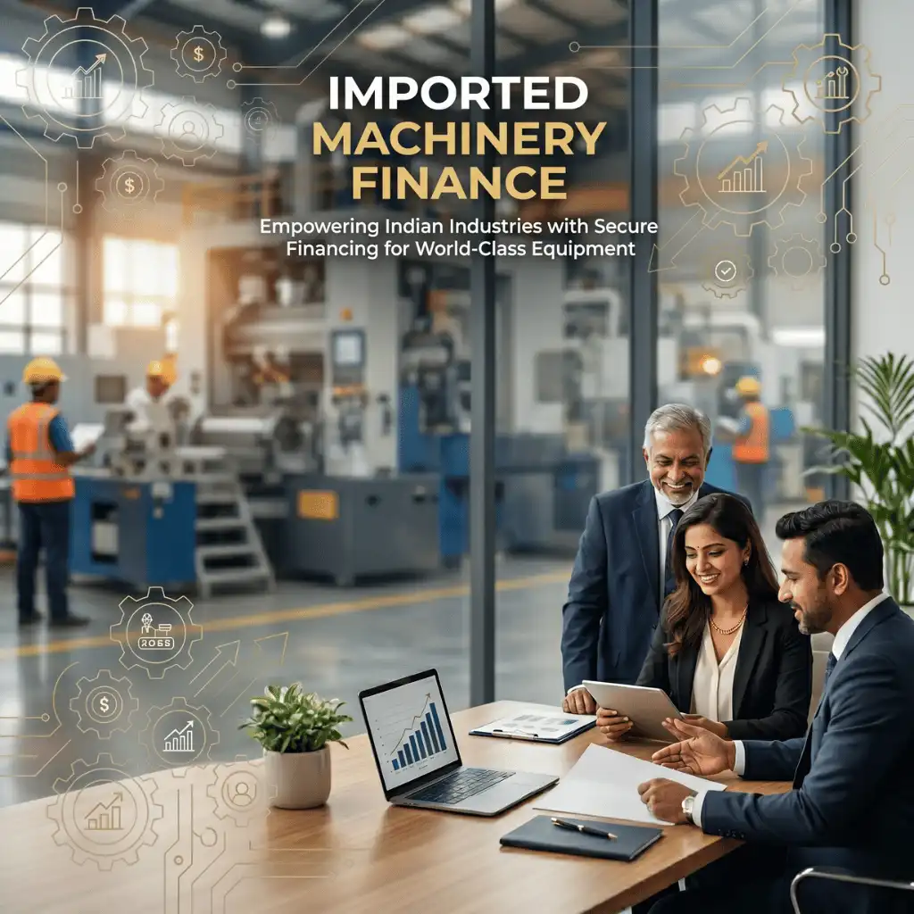Indian professionals in industrial machinery finance with subtle machine icons and gear systems over a soft machinery setup. Clean center space, realistic lighting and a premium corporate style convey equipment finance, trust and growth.