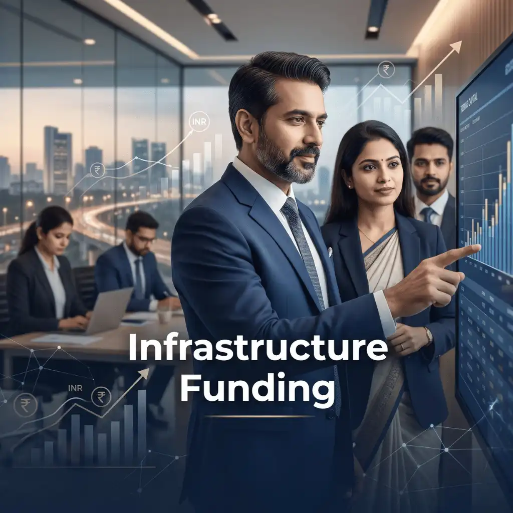 Indian professionals in business finance with subtle financial charts and graphs over a soft corporate office backdrop. Clean center space, realistic lighting and a premium corporate style convey business growth, trust and growth.