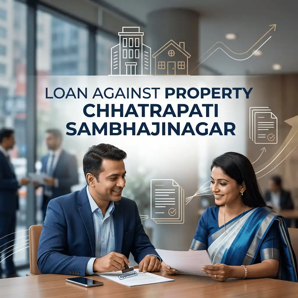 Indian professionals in business property-backed finance with subtle property outlines over a soft commercial building or office. Clean center space, realistic lighting and a premium corporate style convey secured finance, trust and growth.
