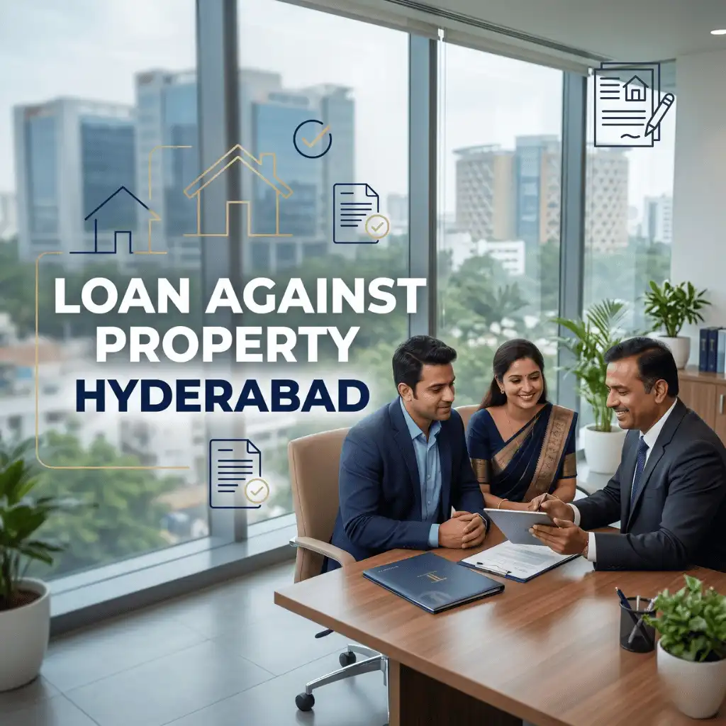 Indian professionals in business property-backed finance with subtle property outlines over a soft commercial building or office. Clean center space, realistic lighting and a premium corporate style convey secured finance, trust and growth.