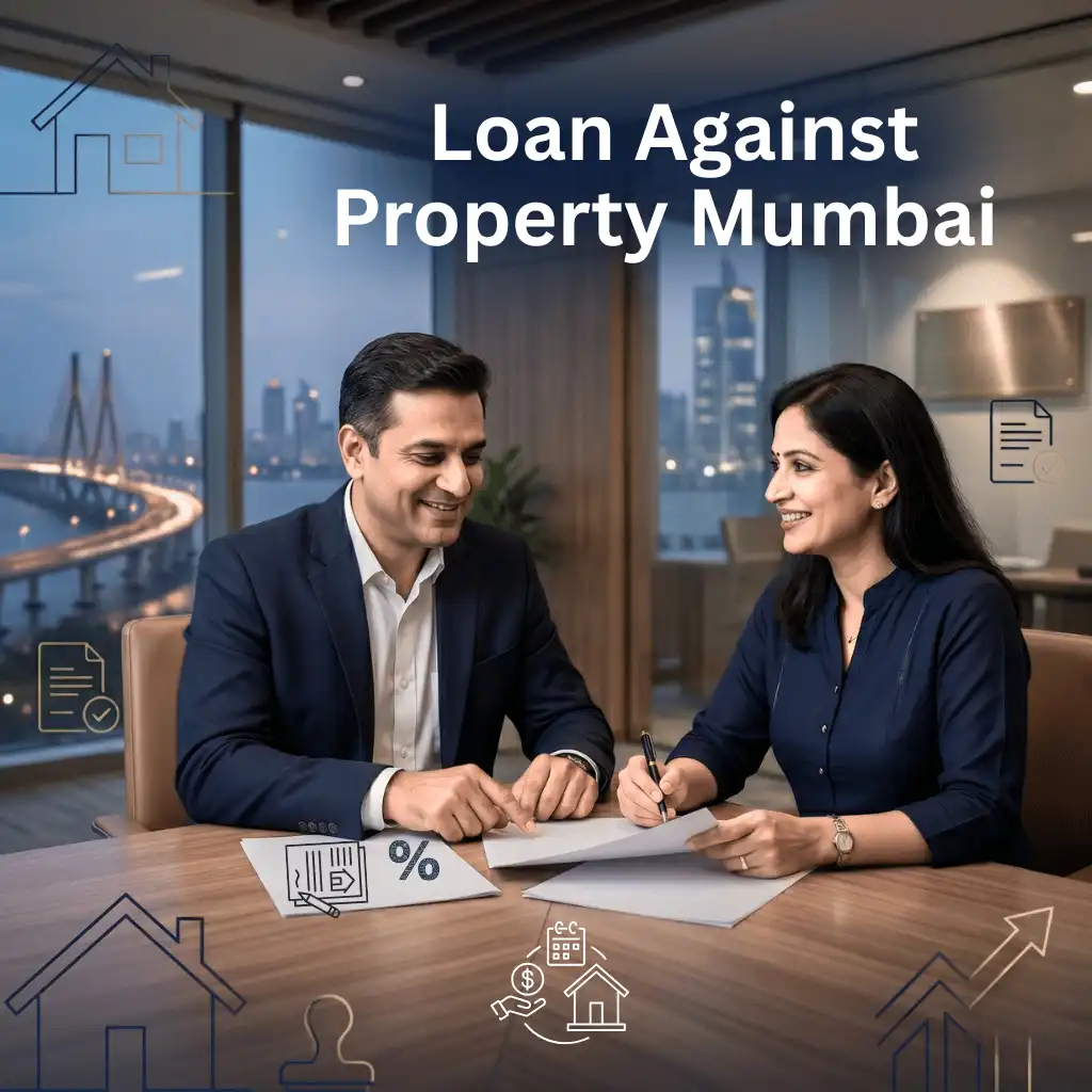 Indian professionals in business property-backed finance with subtle property outlines over a soft commercial building or office. Clean center space, realistic lighting and a premium corporate style convey secured finance, trust and growth.