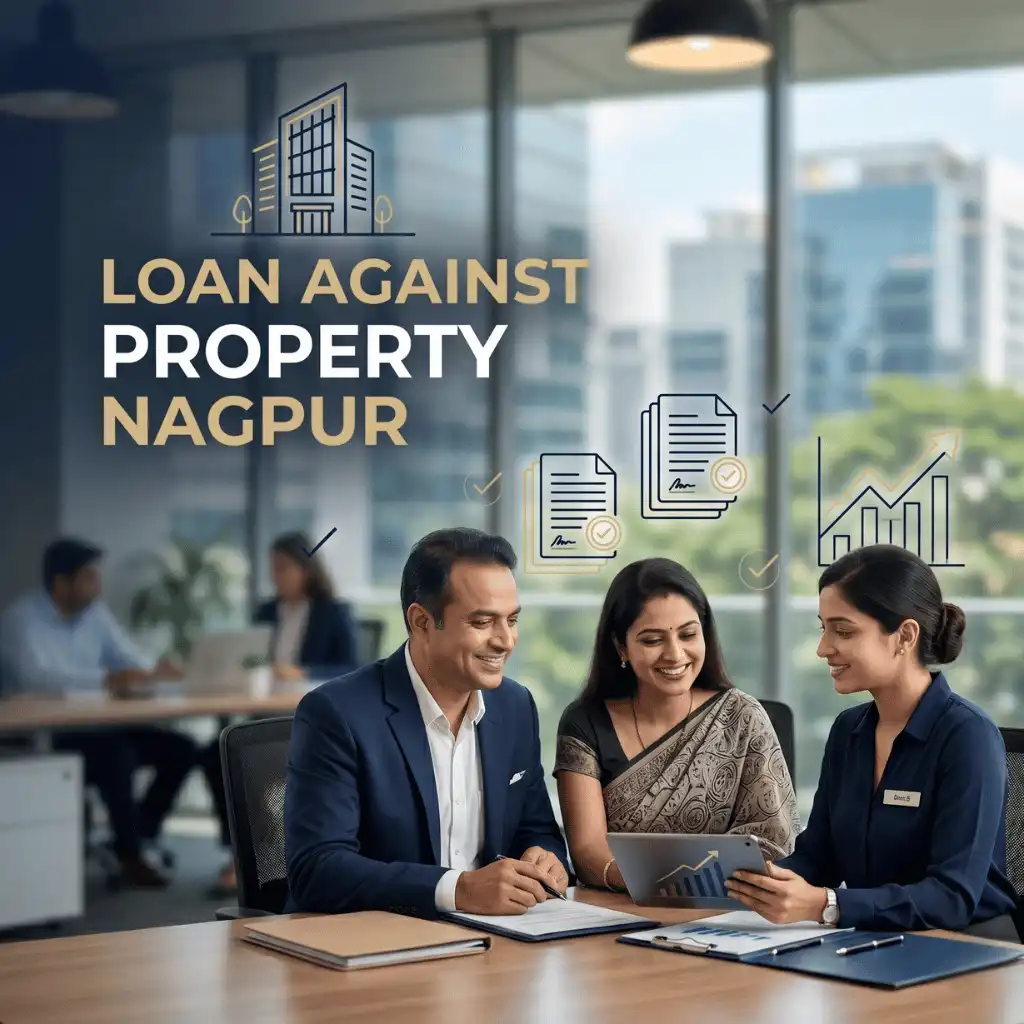 Indian professionals in business property-backed finance with subtle property outlines over a soft commercial building or office. Clean center space, realistic lighting and a premium corporate style convey secured finance, trust and growth.
