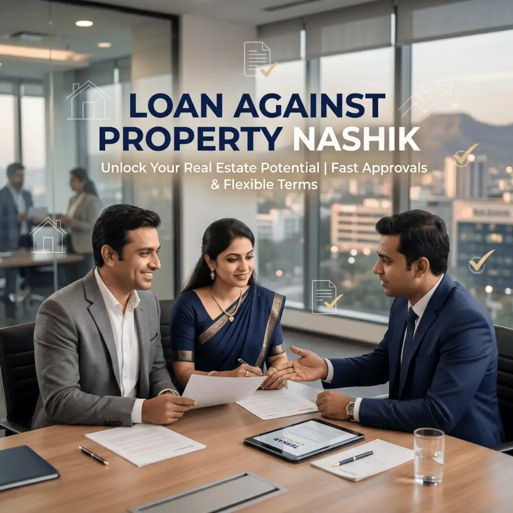 Indian professionals in business property-backed finance with subtle property outlines over a soft commercial building or office. Clean center space, realistic lighting and a premium corporate style convey secured finance, trust and growth.