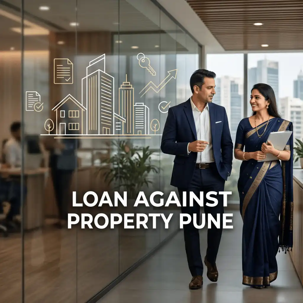 Indian professionals in business property-backed finance with subtle property outlines over a soft commercial building or office. Clean center space, realistic lighting and a premium corporate style convey secured finance, trust and growth.