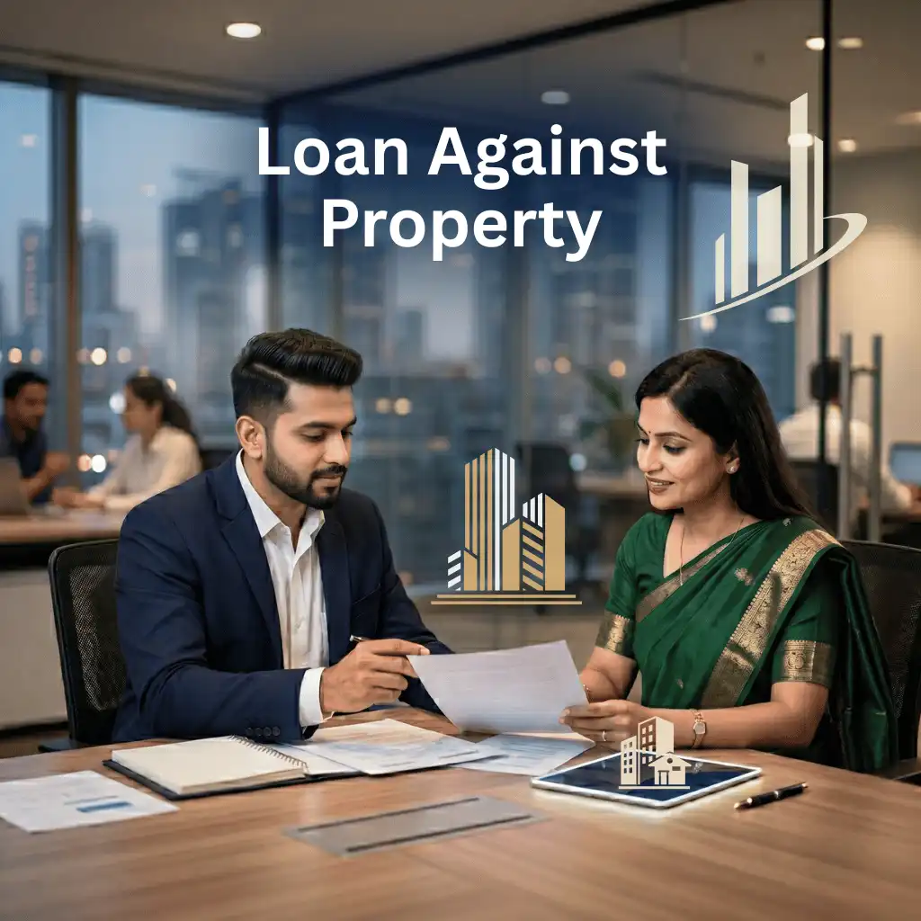 Indian professionals in business property-backed finance with subtle property outlines over a soft commercial building or office. Clean center space, realistic lighting and a premium corporate style convey secured finance, trust and growth.