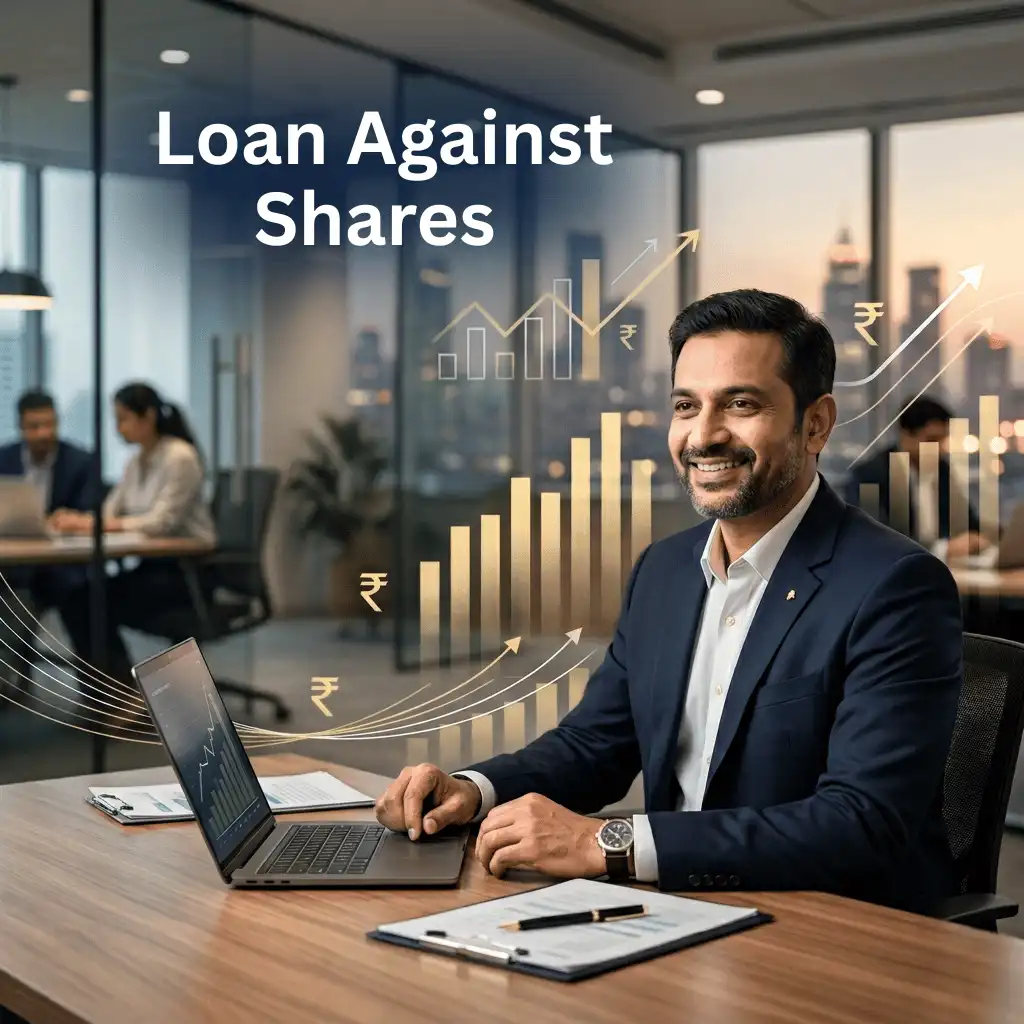 Indian professionals in business finance with subtle financial charts and graphs over a soft corporate office backdrop. Clean center space, realistic lighting and a premium corporate style convey business growth, trust and growth.