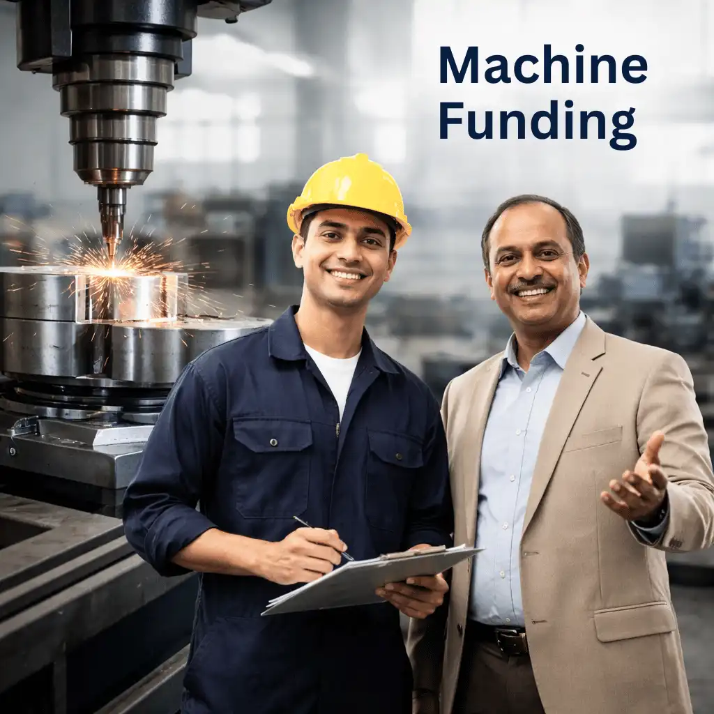 Indian professionals in industrial machinery finance with subtle machine icons and gear systems over a soft machinery setup. Clean center space, realistic lighting and a premium corporate style convey equipment finance, trust and growth.