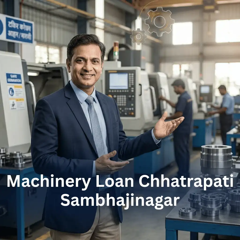 Indian professionals in industrial machinery finance with subtle machine icons and gear systems over a soft machinery setup. Clean center space, realistic lighting and a premium corporate style convey equipment finance, trust and growth.