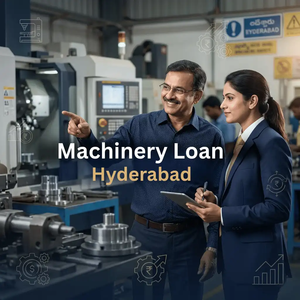 Indian professionals in industrial machinery finance with subtle machine icons and gear systems over a soft machinery setup. Clean center space, realistic lighting and a premium corporate style convey equipment finance, trust and growth.
