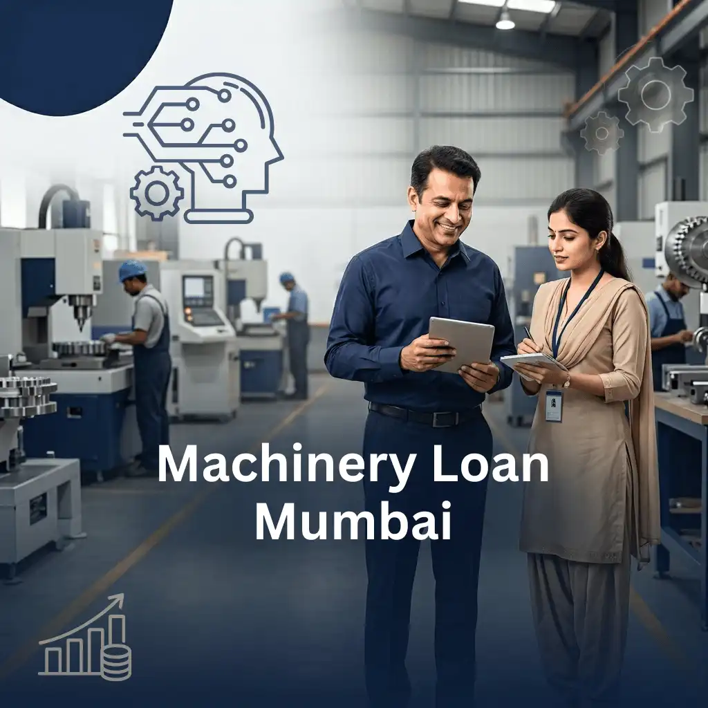 Indian professionals in industrial machinery finance with subtle machine icons and gear systems over a soft machinery setup. Clean center space, realistic lighting and a premium corporate style convey equipment finance, trust and growth.