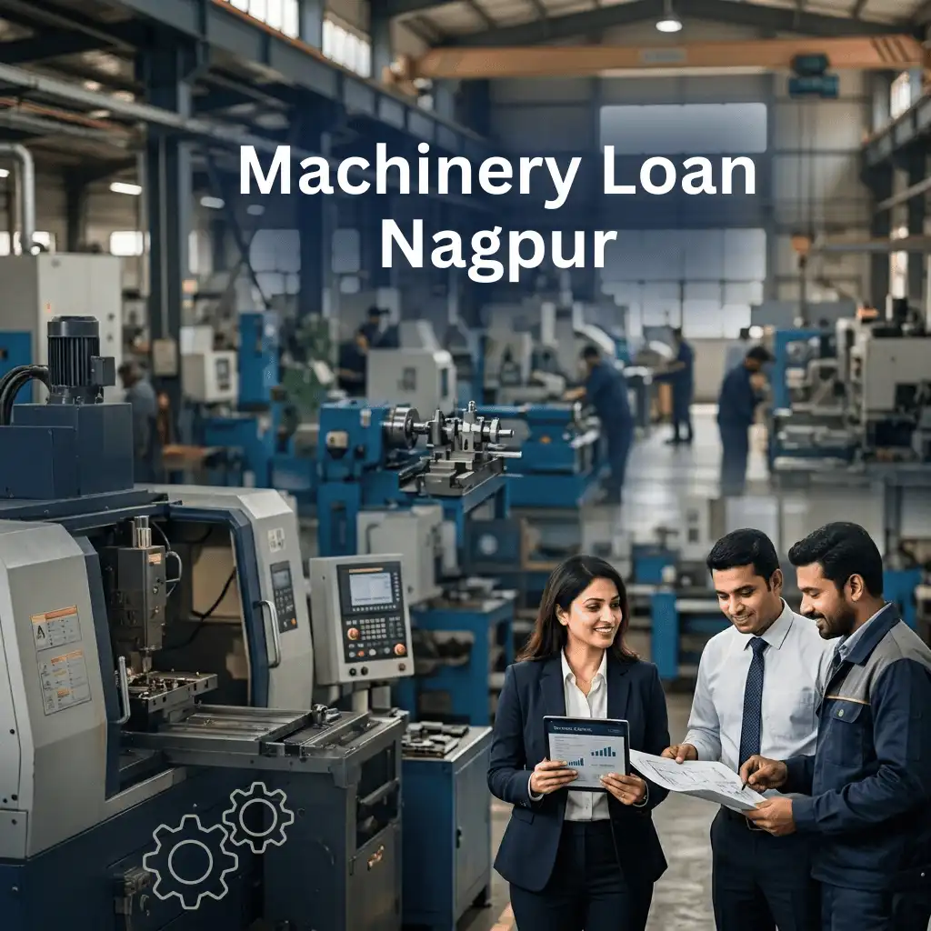 Indian professionals in industrial machinery finance with subtle machine icons and gear systems over a soft machinery setup. Clean center space, realistic lighting and a premium corporate style convey equipment finance, trust and growth.