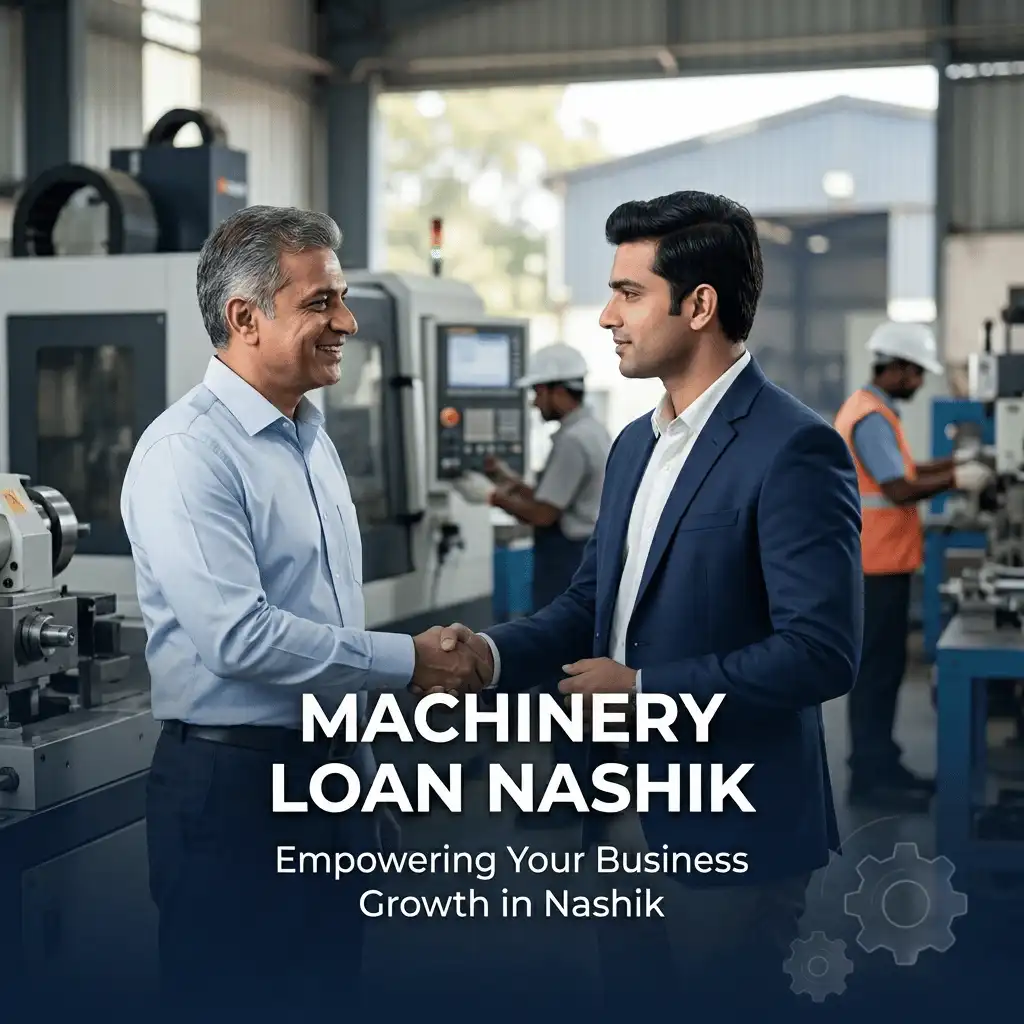 Indian professionals in industrial machinery finance with subtle machine icons and gear systems over a soft machinery setup. Clean center space, realistic lighting and a premium corporate style convey equipment finance, trust and growth.