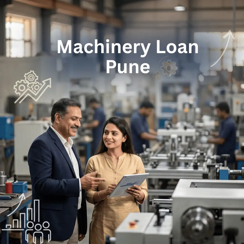 Indian professionals in industrial machinery finance with subtle machine icons and gear systems over a soft machinery setup. Clean center space, realistic lighting and a premium corporate style convey equipment finance, trust and growth.