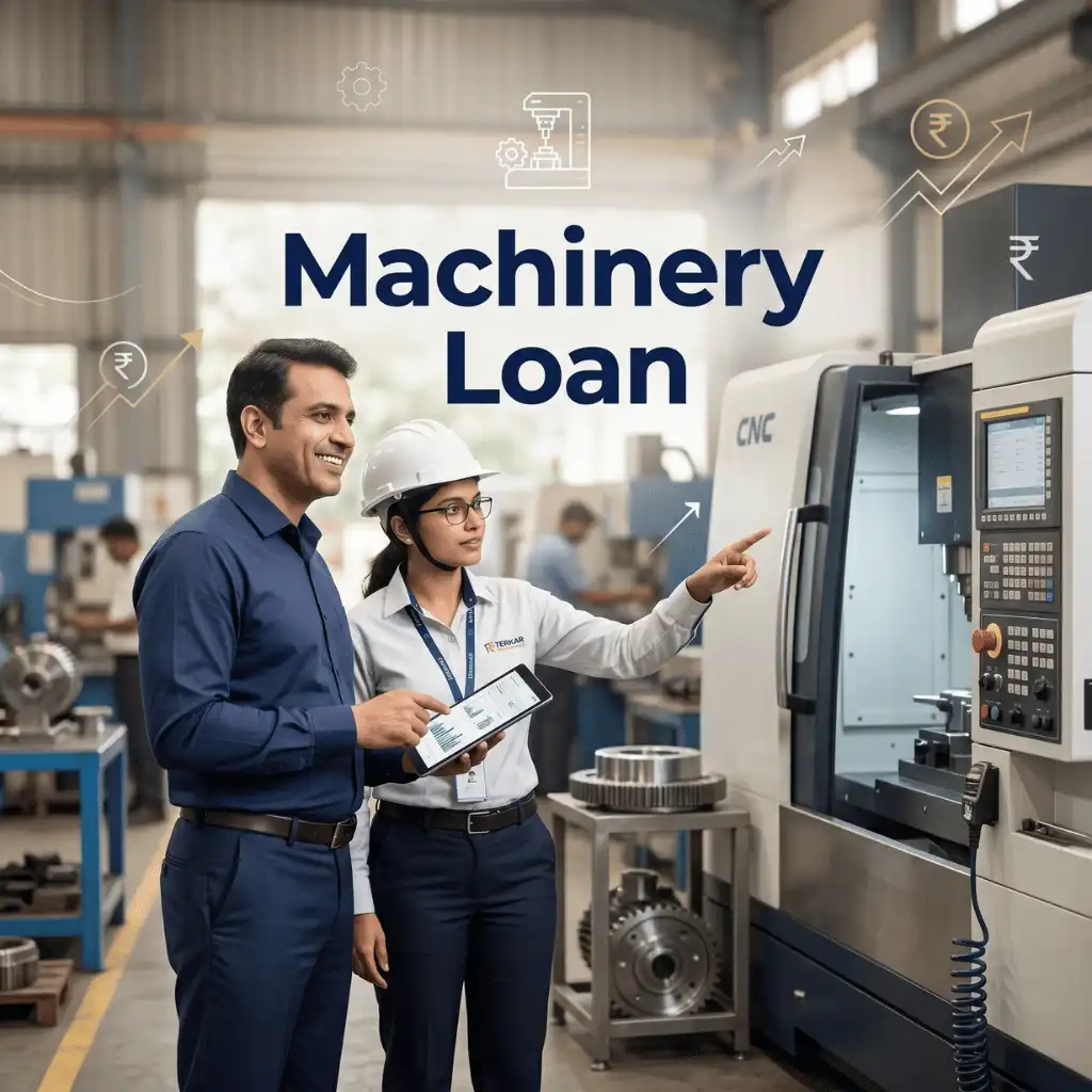Indian professionals in industrial machinery finance with subtle machine icons and gear systems over a soft machinery setup. Clean center space, realistic lighting and a premium corporate style convey equipment finance, trust and growth.