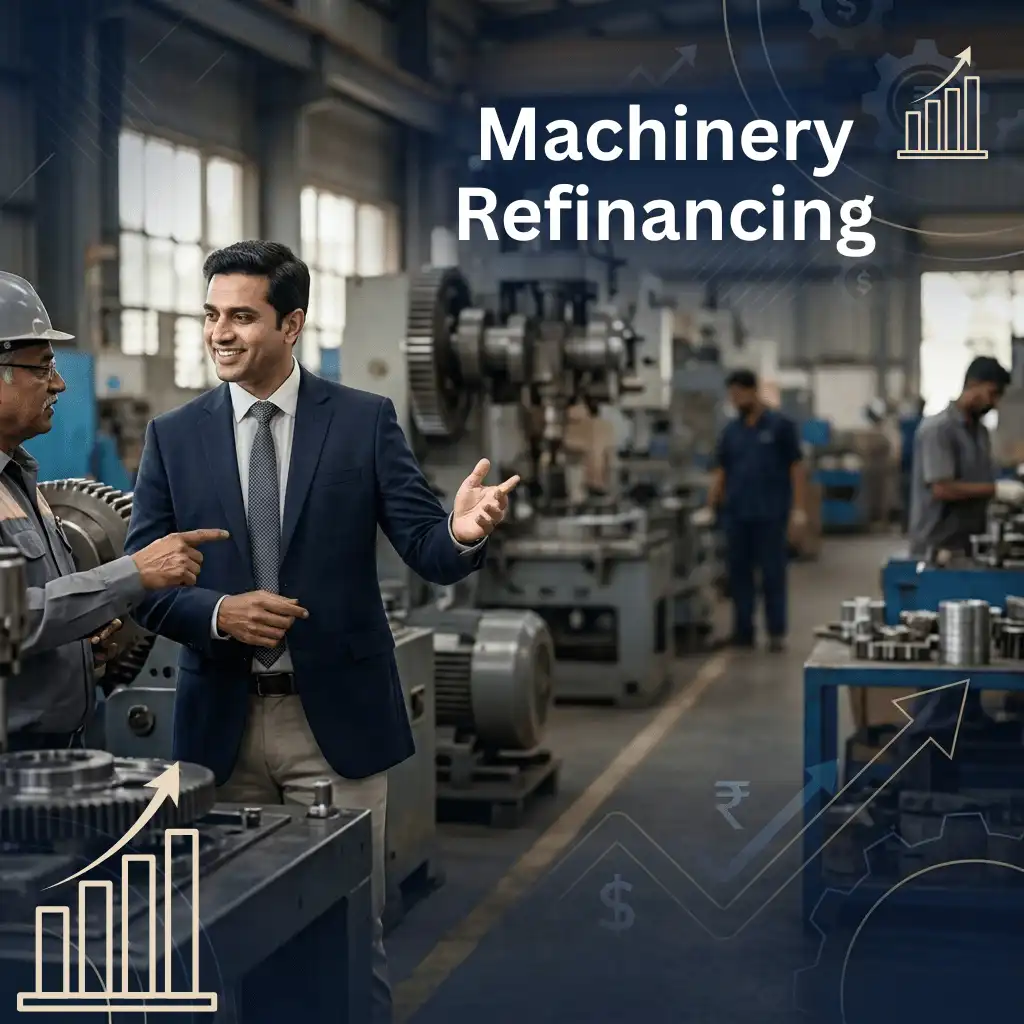 Indian professionals in industrial machinery finance with subtle machine icons and gear systems over a soft machinery setup. Clean center space, realistic lighting and a premium corporate style convey equipment finance, trust and growth.