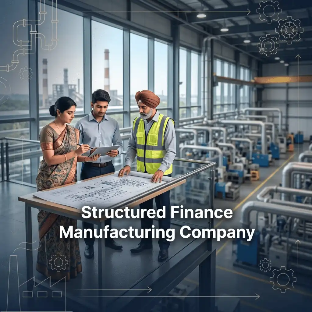 Indian professionals in manufacturing operations with subtle factory outlines and gear icons over a soft industrial factory. Clean center space, realistic lighting and a premium corporate style convey structured funding, trust and growth.