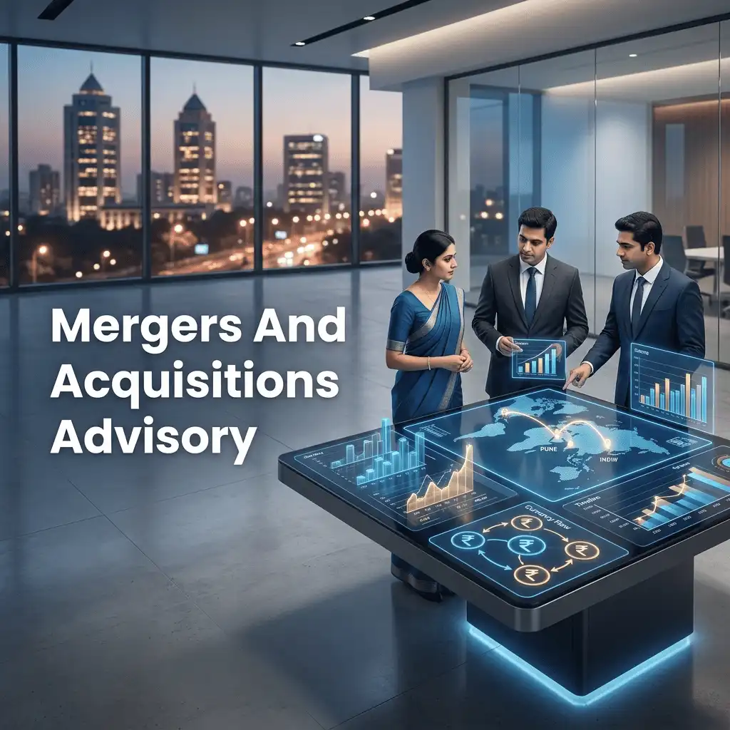 Indian professionals in business finance with subtle financial charts and graphs over a soft corporate office backdrop. Clean center space, realistic lighting and a premium corporate style convey business growth, trust and growth.