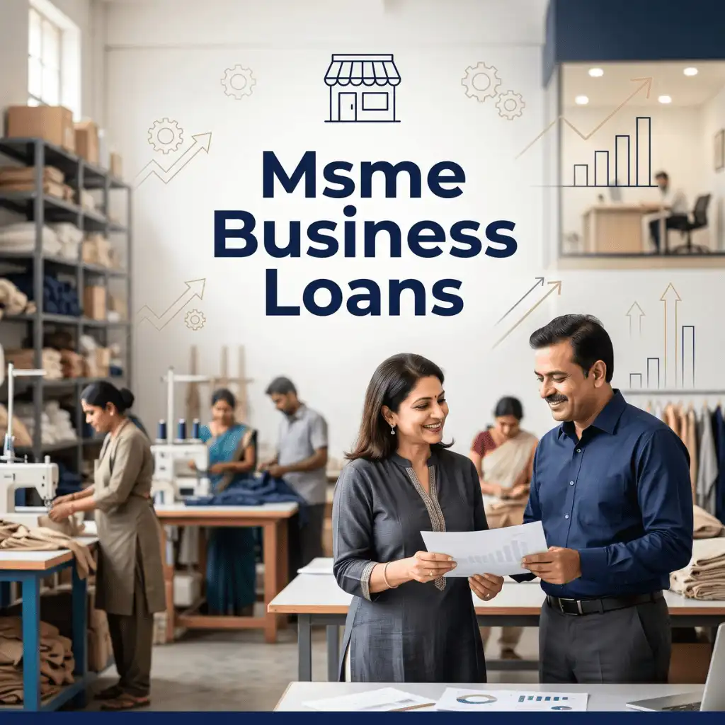 Indian professionals in MSME business operations with subtle small business icons and shop outlines over a soft small business backdrop. Clean center space, realistic lighting and a premium corporate style convey MSME support, trust and growth.