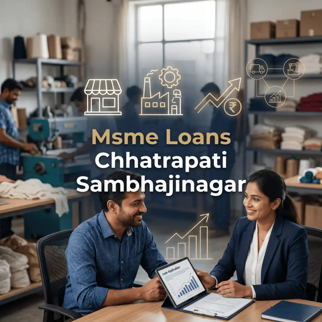 Indian professionals in MSME business operations with subtle small business icons and shop outlines over a soft small business backdrop. Clean center space, realistic lighting and a premium corporate style convey MSME support, trust and growth.