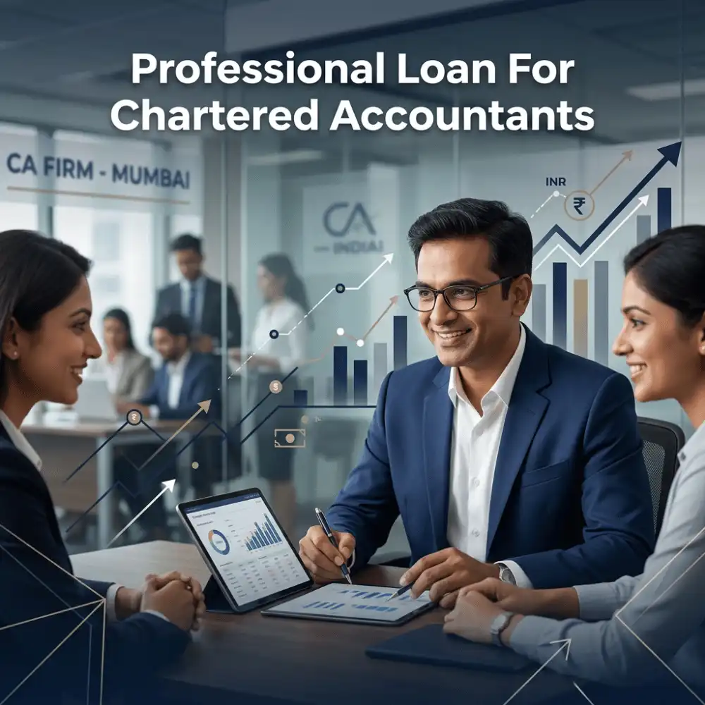 Indian professionals in business finance with subtle financial charts and graphs over a soft corporate office backdrop. Clean center space, realistic lighting and a premium corporate style convey business growth, trust and growth.
