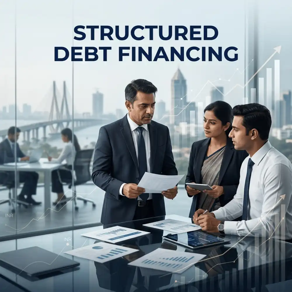 Indian professionals in business finance with subtle financial charts and graphs over a soft corporate office backdrop. Clean center space, realistic lighting and a premium corporate style convey business growth, trust and growth.