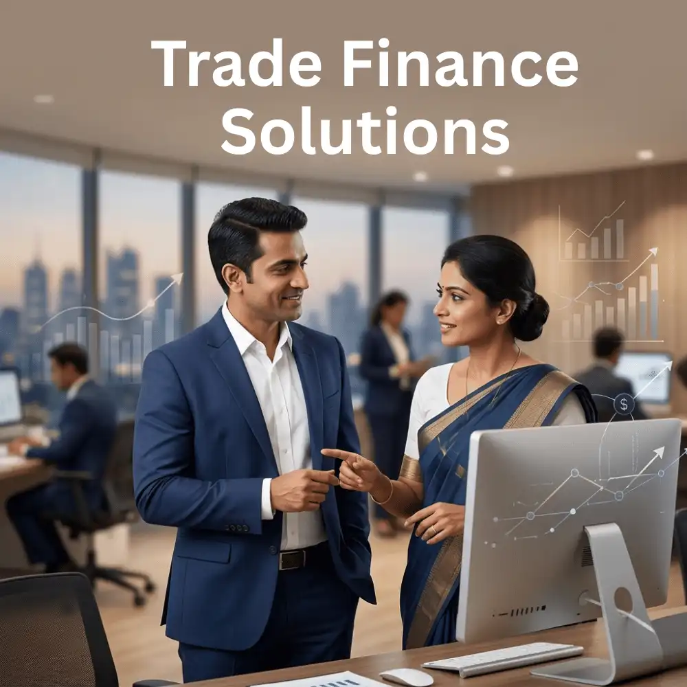 Indian professionals in business finance with subtle financial charts and graphs over a soft corporate office backdrop. Clean center space, realistic lighting and a premium corporate style convey business growth, trust and growth.