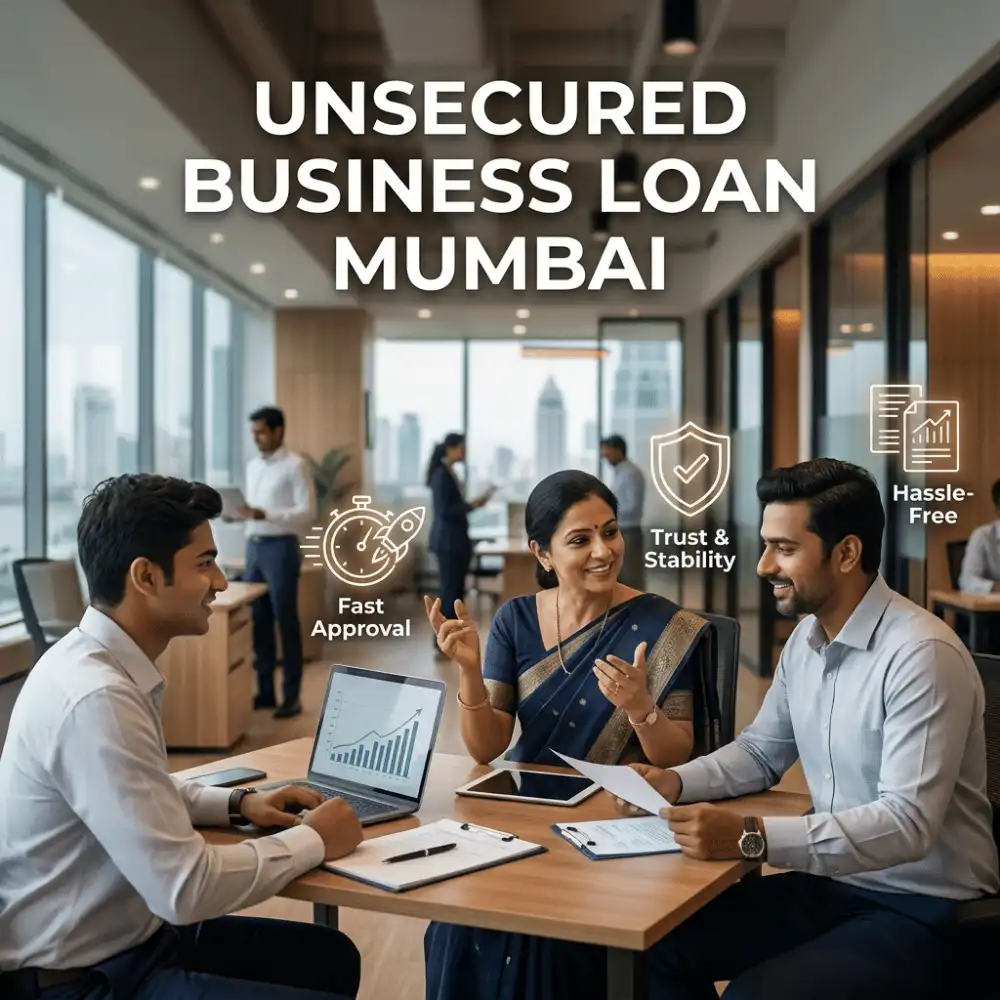Indian professionals in unsecured business finance with subtle fast approval icons over a soft corporate office. Clean center space, realistic lighting and a premium corporate style convey unsecured growth, trust and growth.