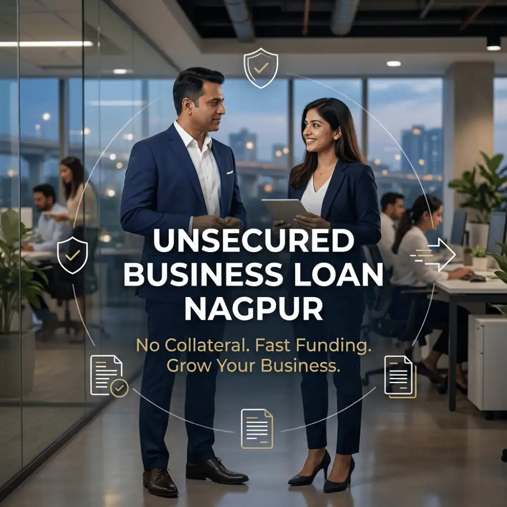 Indian professionals in unsecured business finance with subtle fast approval icons over a soft corporate office. Clean center space, realistic lighting and a premium corporate style convey unsecured growth, trust and growth.