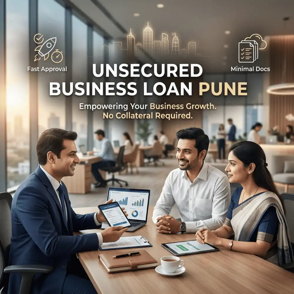 Indian professionals in unsecured business finance with subtle fast approval icons over a soft corporate office. Clean center space, realistic lighting and a premium corporate style convey unsecured growth, trust and growth.