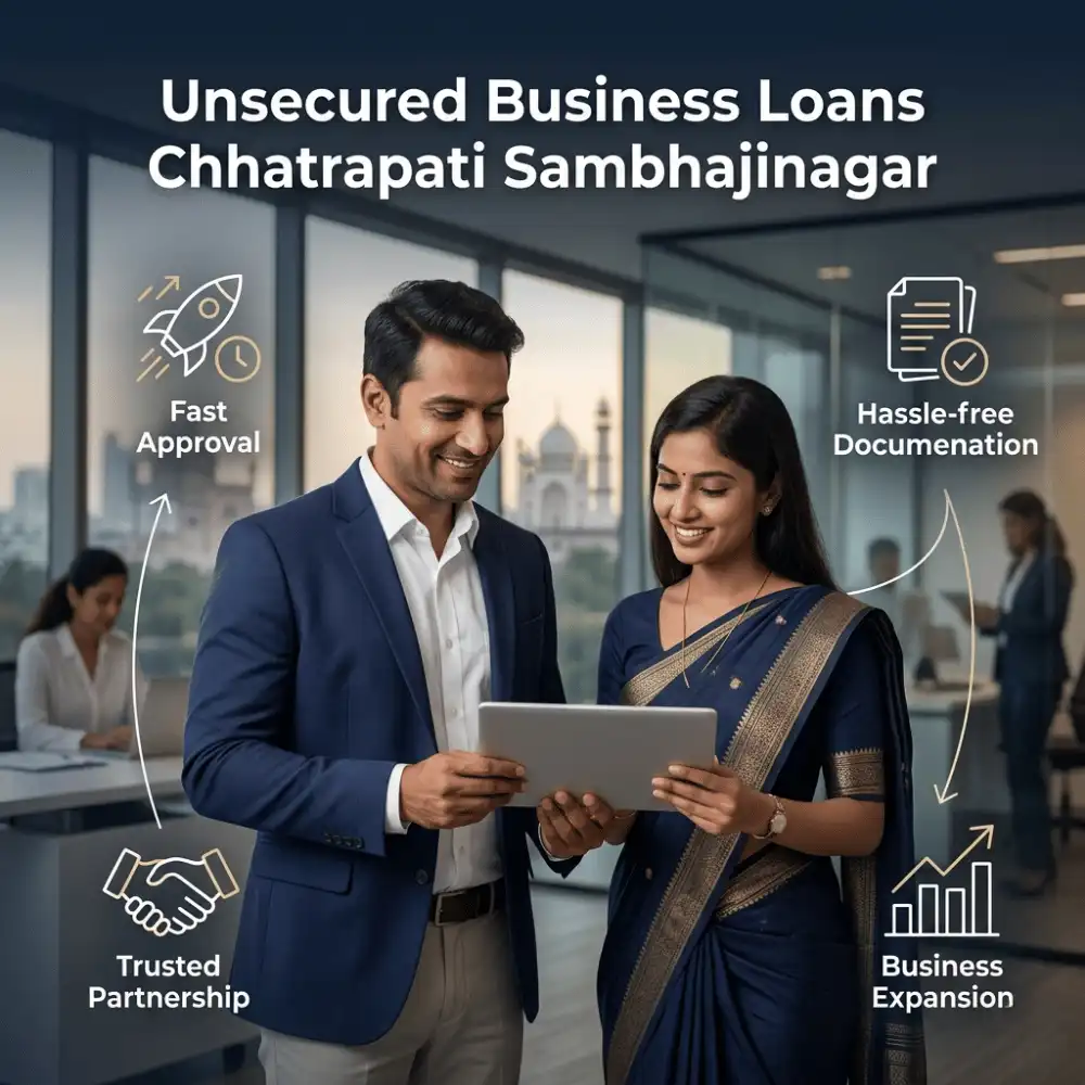 Indian professionals in unsecured business finance with subtle fast approval icons over a soft corporate office. Clean center space, realistic lighting and a premium corporate style convey unsecured growth, trust and growth.