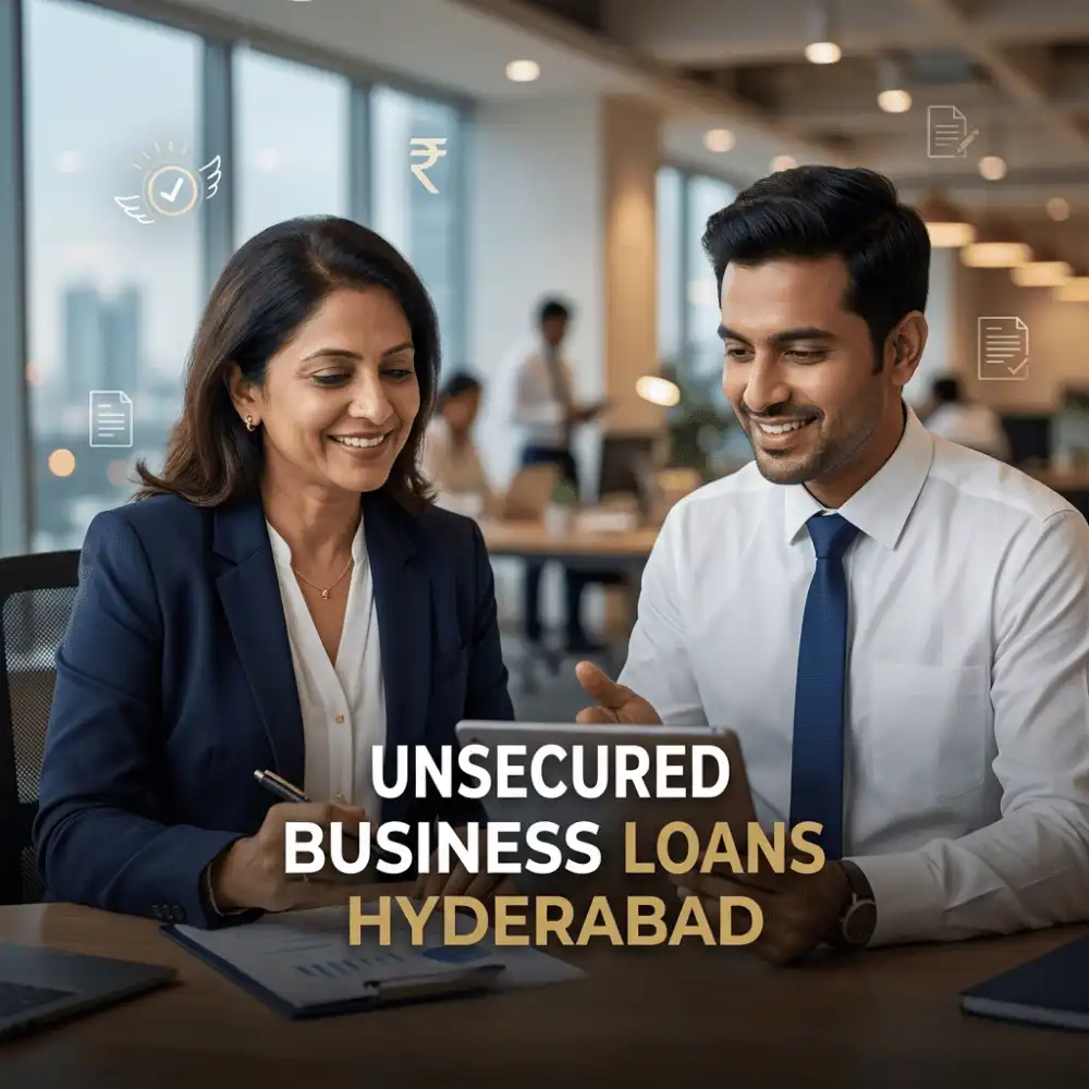 Indian professionals in unsecured business finance with subtle fast approval icons over a soft corporate office. Clean center space, realistic lighting and a premium corporate style convey unsecured growth, trust and growth.
