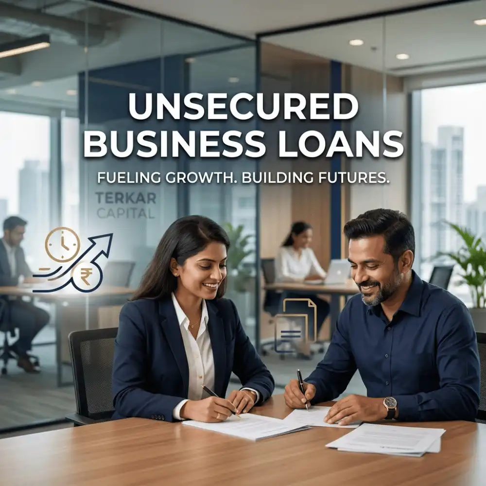 Indian professionals in unsecured business finance with subtle fast approval icons over a soft corporate office. Clean center space, realistic lighting and a premium corporate style convey unsecured growth, trust and growth.