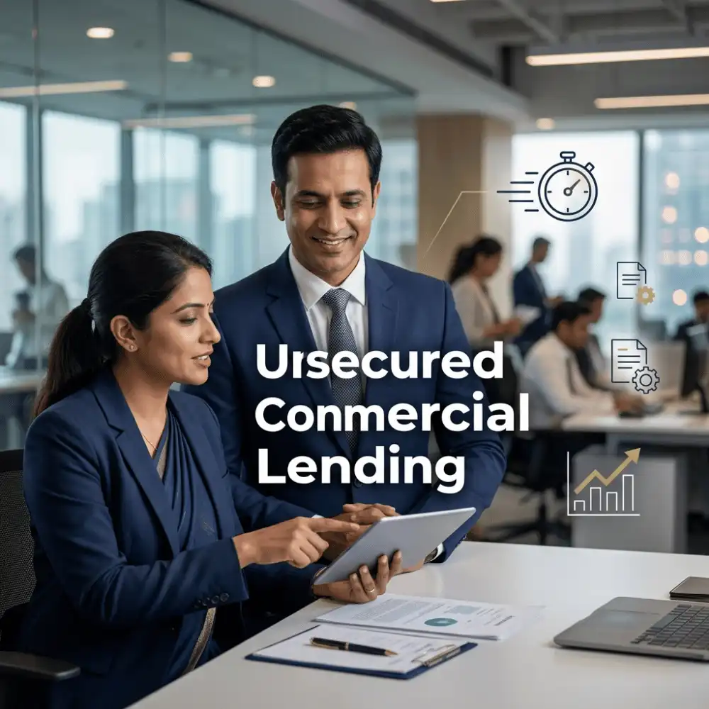 Indian professionals in unsecured business finance with subtle fast approval icons over a soft corporate office. Clean center space, realistic lighting and a premium corporate style convey unsecured growth, trust and growth.