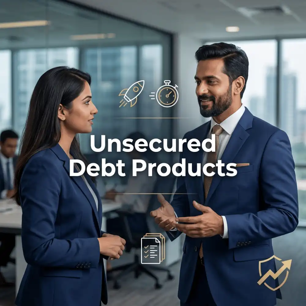 Indian professionals in unsecured business finance with subtle fast approval icons over a soft corporate office. Clean center space, realistic lighting and a premium corporate style convey unsecured growth, trust and growth.