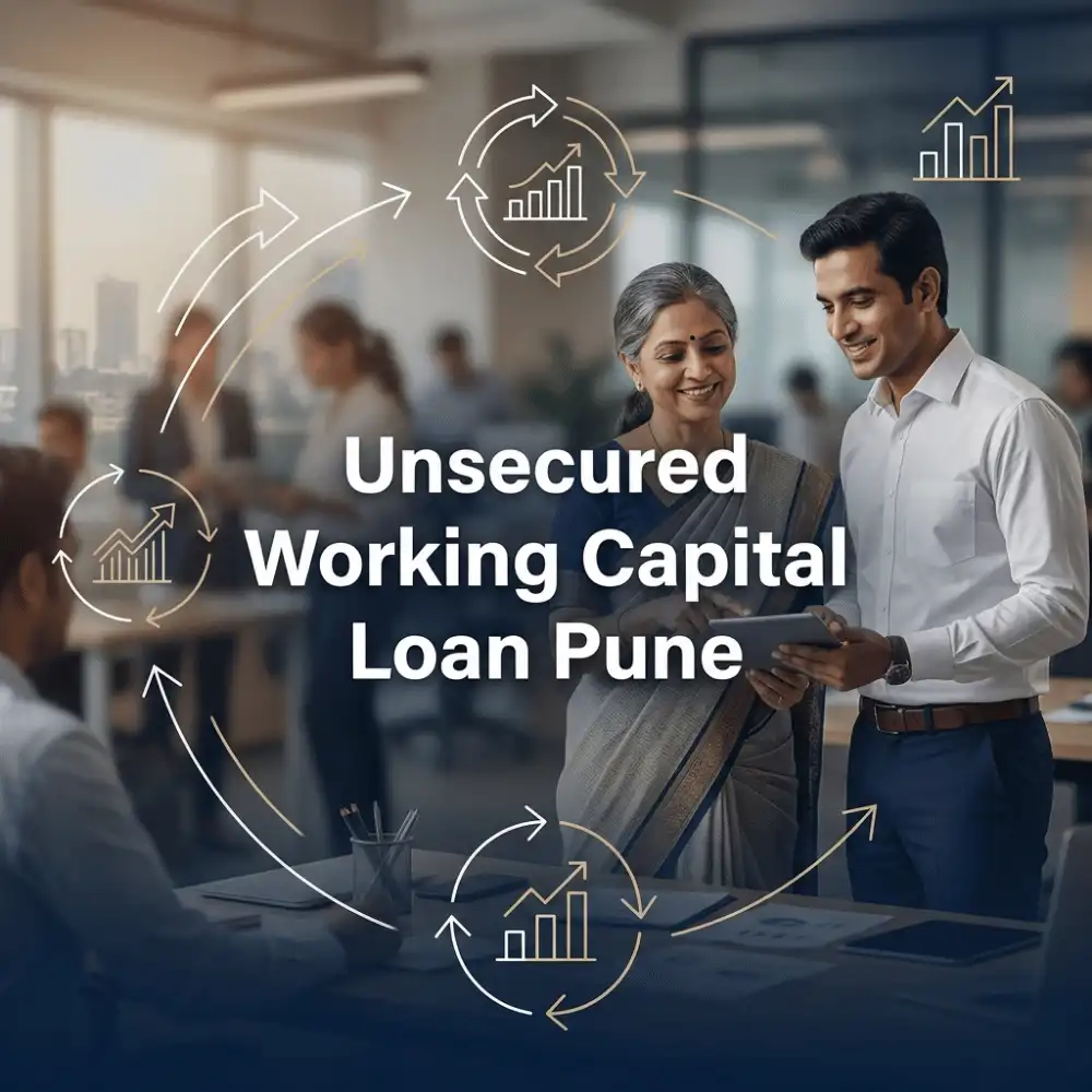Indian professionals in working capital operations with subtle cash flow arrows over a soft office/business operations. Clean center space, realistic lighting and a premium corporate style convey cash flow support, trust and growth.