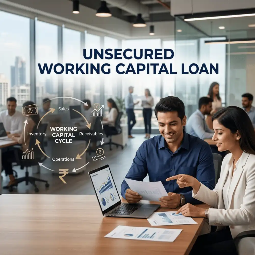 Indian professionals in working capital operations with subtle cash flow arrows over a soft office/business operations. Clean center space, realistic lighting and a premium corporate style convey cash flow support, trust and growth.