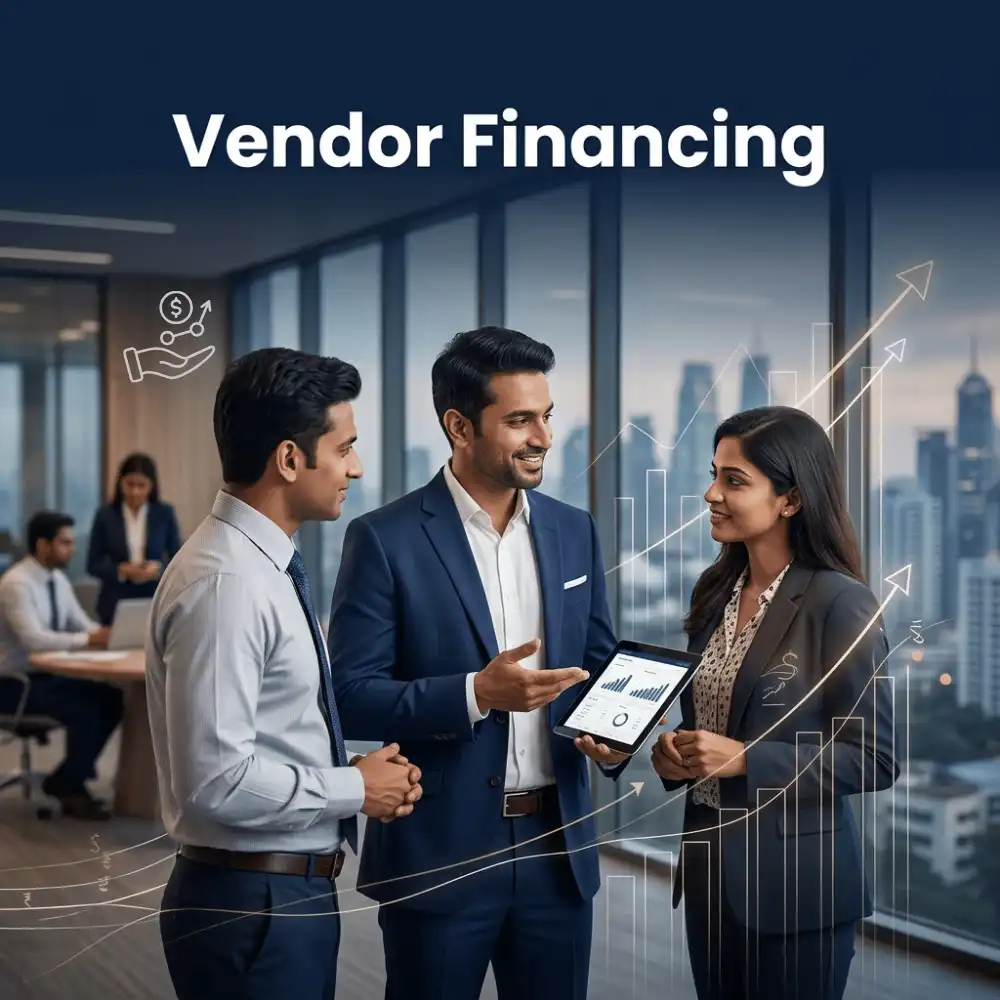 Indian professionals in business finance with subtle financial charts and graphs over a soft corporate office backdrop. Clean center space, realistic lighting and a premium corporate style convey business growth, trust and growth.