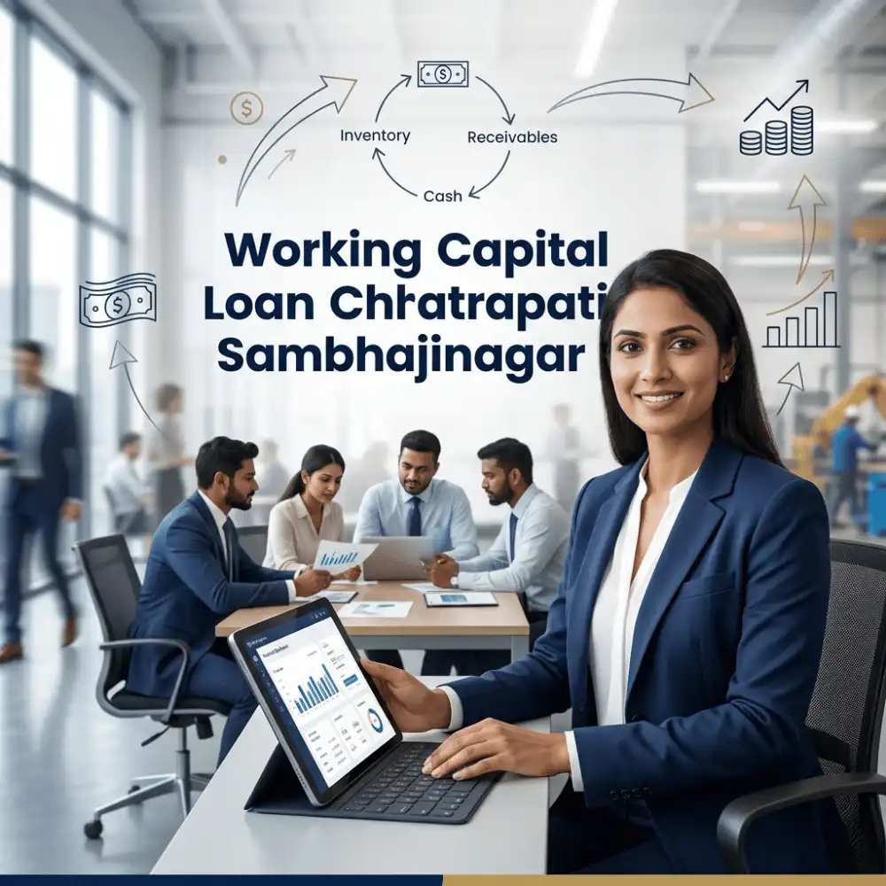 Indian professionals in working capital operations with subtle cash flow arrows over a soft office/business operations. Clean center space, realistic lighting and a premium corporate style convey cash flow support, trust and growth.