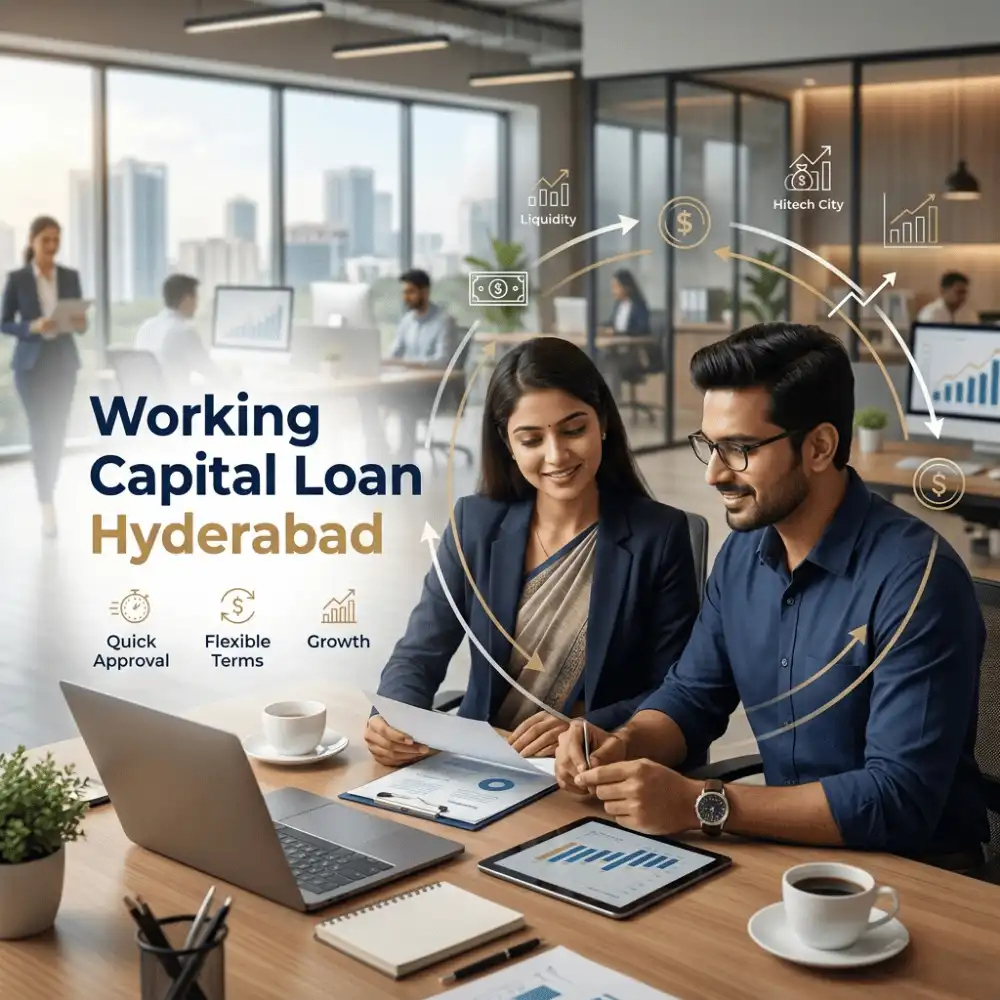 Indian professionals in working capital operations with subtle cash flow arrows over a soft office/business operations. Clean center space, realistic lighting and a premium corporate style convey cash flow support, trust and growth.