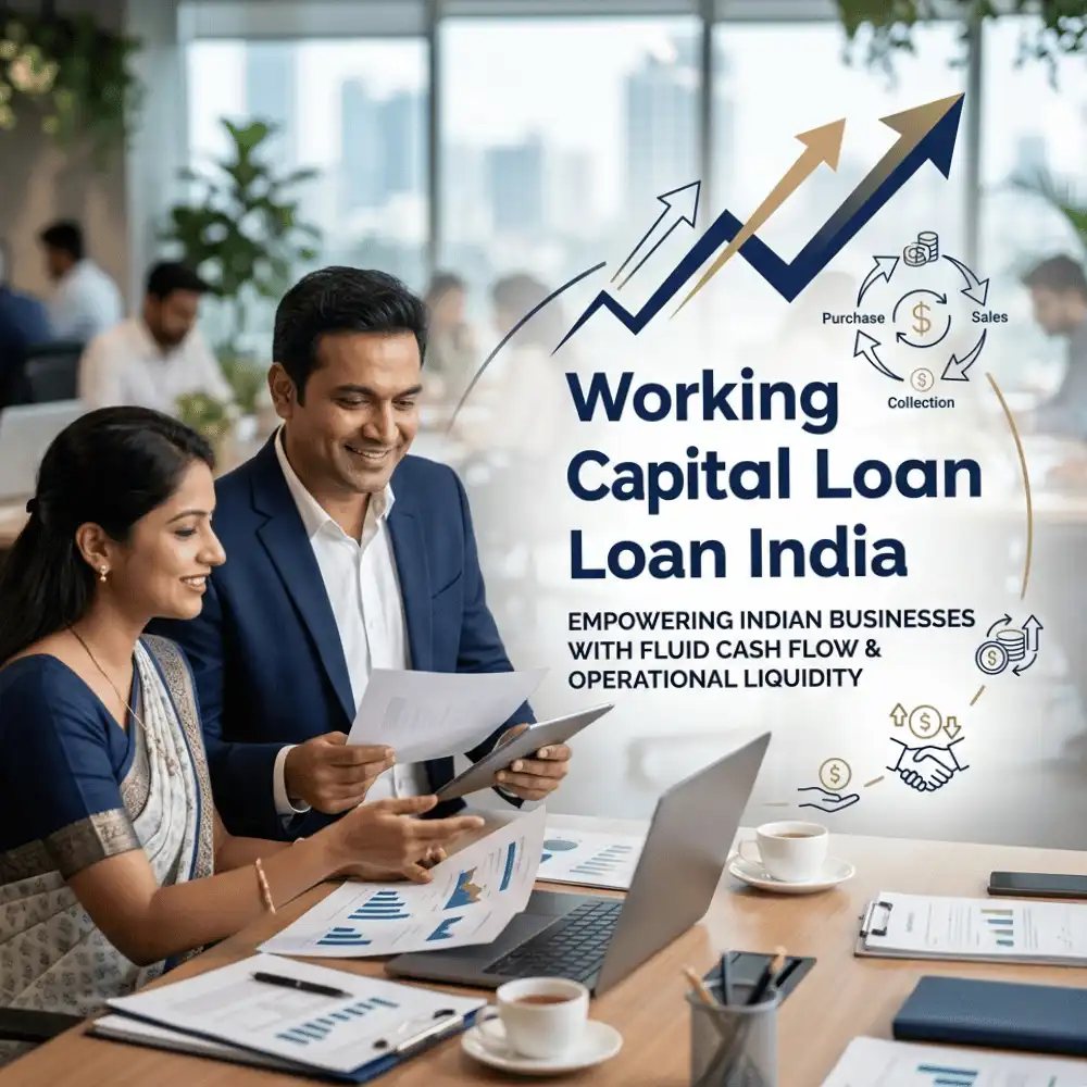 Indian professionals in working capital operations with subtle cash flow arrows over a soft office/business operations. Clean center space, realistic lighting and a premium corporate style convey cash flow support, trust and growth.
